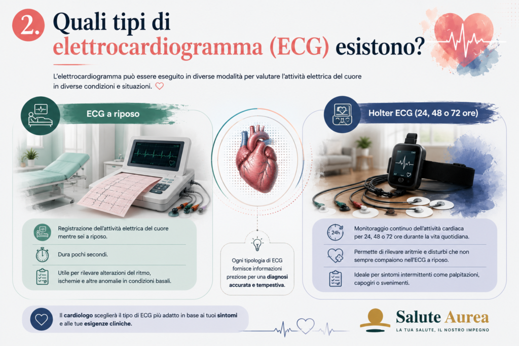 Quali tipi di elettrocardiogramma (ECG) esistono?
ECG a riposo
Holter ECG (24, 48 o 72 ore)