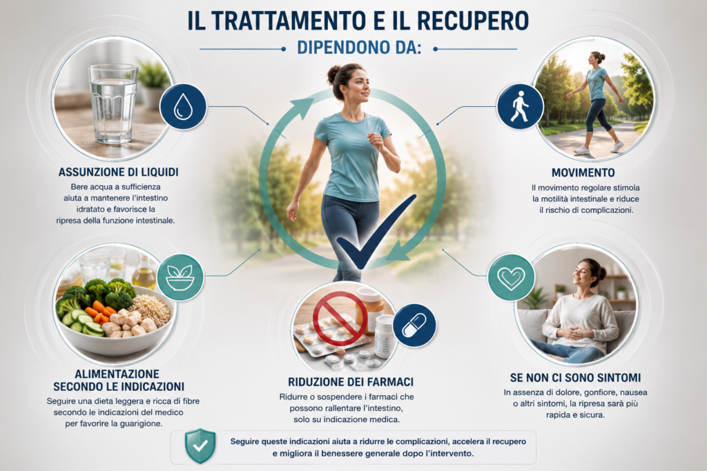 il trattamento e il recupero dipendono da assunzione di liquidi
movimento, alimentazione secondo le indicazioni, riduzione dei farmaci, se non ci sono sintomi