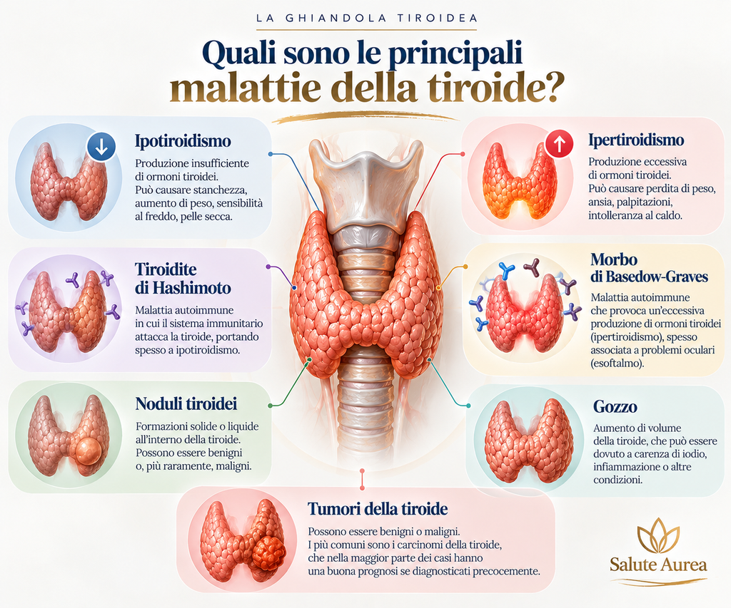 • Ipotiroidismo
• Ipertiroidismo
• Tiroidite di Hashimoto
• Morbo di Basedow-Graves
• Noduli tiroidei
• Gozzo
• Tumori della tiroide